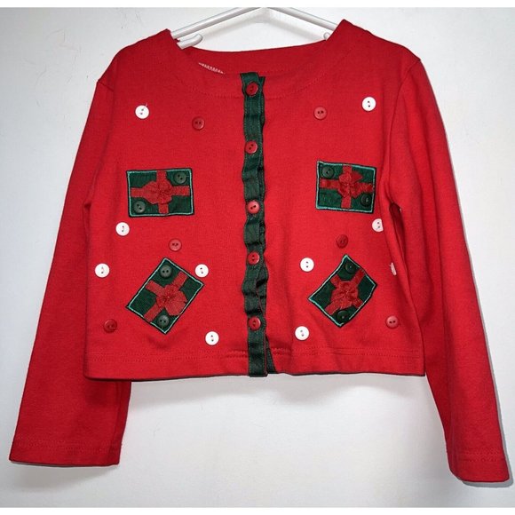 Vintage Girls Button Up Christmas Cardigan Top Size 7 Red Green Shirt Holiday